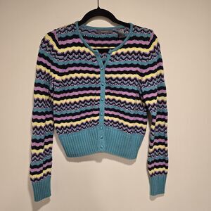 Y2K Vintage Striped Cardigan Cropped Medium Womens Cable Knit Ribbed Preppy Teal